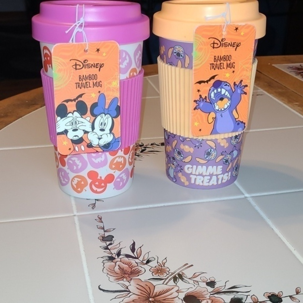 Disney Bamboo  Travel Mugs-Set of 2.  STITCH & Pumpkins.